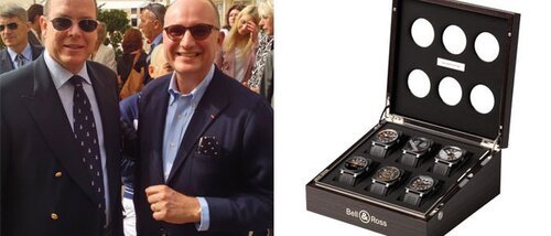 Слева: принц Альберт II и Карлос Россилло (Carlos Rossillo) - справа: коллекция часов Bell & Ross для аукциона ONLY WATCH 2013