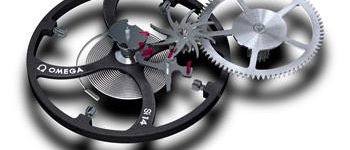 Последнее воплощение коаксиального спуска Omega с коаксиальным спусковым колесом с выраженными лучами, балансом и пружиной из кремния.