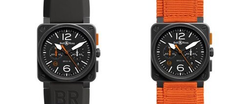 Часы BR 03-94 Carbon Orange - Слева: черный ремешок из каучука, Справа: оранжевый матерчатый ремешок
