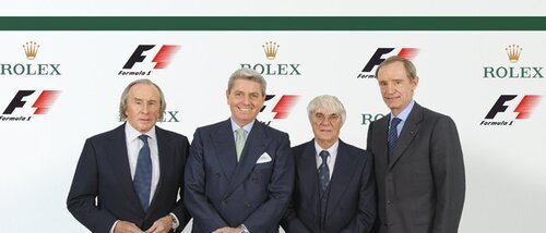 Посол Rolex сэр Джеки Стюарт (Jackie Stewart), глава Rolex Джан Риккардо Марини, генеральный директор группы Formula One Берни Экклстоун (Bernie Ecclestone), лицо Rolex и член правления компании Жан-Клод Килли (Jean-Claude Killy) (слева направо) © Rolex / Eddy Mottaz