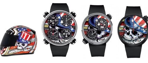 Слева направо: шлем Apex Sam; часы Quattro Valvole 48 Four Strokes SKULL; Due Valvole; и Quattro Valvole 44 Only Time