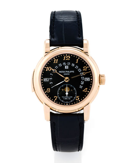 Турбийон Patek Philippe Ref. 5016 Tourbillon Minute Repeater из розового золота с вечным календарем и черным циферблатом (лот 603)