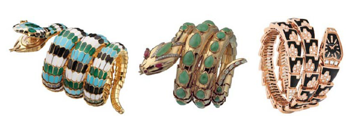 Слева направо: часовой браслет Serpenti ок. 1965 года из желтого золота и разноцветной эмали. Кольца украшены белой, черной, зеленой и бирюзовой эмалью, а голова с глазами из изумрудов огранки «груша» скрывает овальный циферблат – браслет Serpenti ок. 1968 года из желтого золота и бриллиантов, рубинов и нефрита – ювелирные часы Serpenti из розового золота с витым браслетом, украшенным 385-ю бриллиантами огранки brilliant (4,12 карата), и черным сапфировым циферблатом с 33-ю бриллиантами.