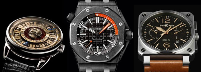 Слева направо: De Bethune «DB25 Imperial Fountain» - Audemars Piguet «Royal Oak Offshore Diver» - Bell & Ross «BR 03-94 Golden Heritage»