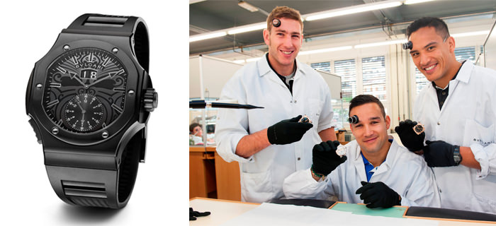 Слева: Endurer Chronosprint All Blacks Watch от Bulgari. Справа: Люк Романо, Тамати Эллисон и Хосеа Гир