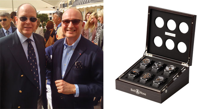 Слева: принц Альберт II и Карлос Россилло (Carlos Rossillo) - справа: коллекция часов Bell & Ross для аукциона ONLY WATCH 2013