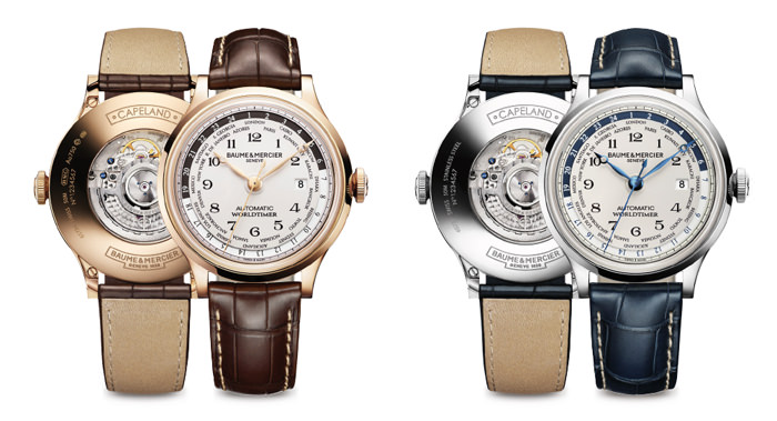 Слева: Capeland Worldtimer в красном золоте (750 проба), Ref: 10107; справа: Capeland Worldtimer, сталь, Ref: 10106, оба от Baume & Mercier