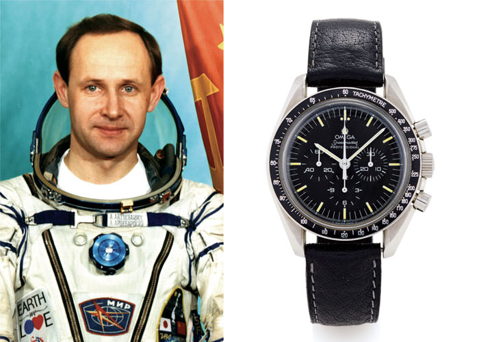 Слева: Анатолий Арцебарский - Справа: часы Omega Speedmaster Арцебарского