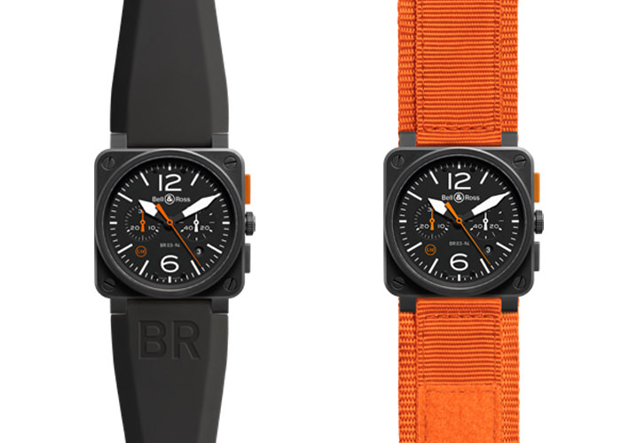 Часы BR 03-94 Carbon Orange - Слева: черный ремешок из каучука, Справа: оранжевый матерчатый ремешок