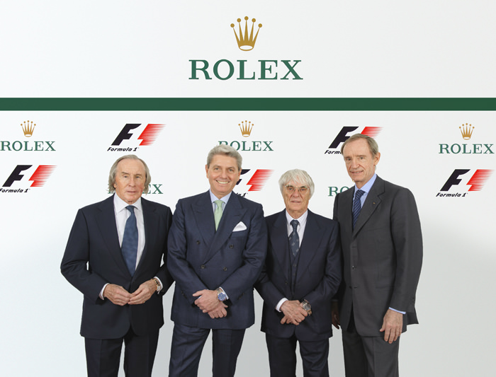 Посол Rolex сэр Джеки Стюарт (Jackie Stewart), глава Rolex Джан Риккардо Марини, генеральный директор группы Formula One Берни Экклстоун (Bernie Ecclestone), лицо Rolex и член правления компании Жан-Клод Килли (Jean-Claude Killy) (слева направо) © Rolex / Eddy Mottaz
