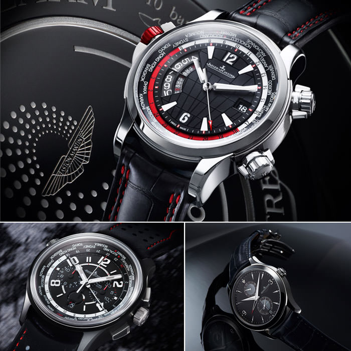 Сверху: часы Master Compressor Extreme W-Alarm Aston Martin – Внизу слева: часы AMVOX5 World Chronograph Cermet – Внизу справа: часы Master Hometime Aston Martin Watch – Все от Jaeger-LeCoultre