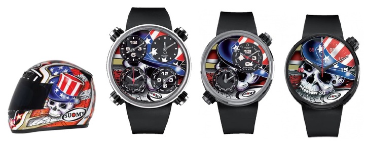 Слева направо: шлем Apex Sam; часы Quattro Valvole 48 Four Strokes SKULL; Due Valvole; и Quattro Valvole 44 Only Time