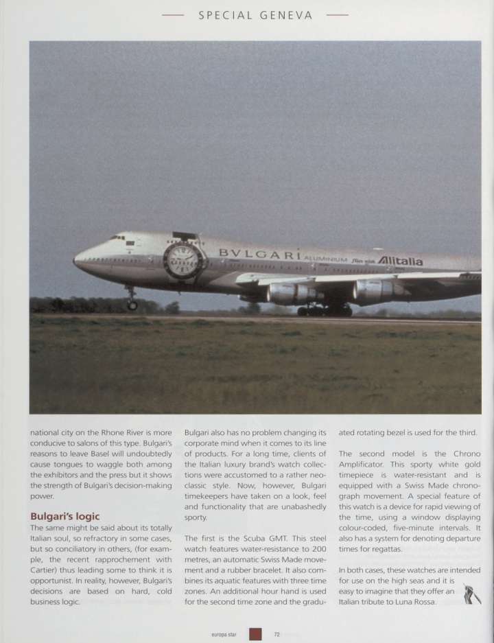 Bulgari Aluminium, украшающий самолет Alitalia, в 2000 году на страницах Europa Star.